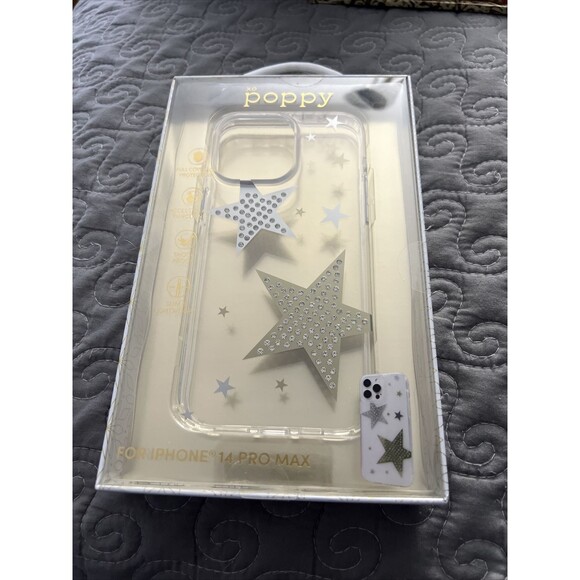 XO Poppy IPhone Glitz & Glam Case 14 PROMAX  Silver And Gold Glitter Stars New - Picture 1 of 4